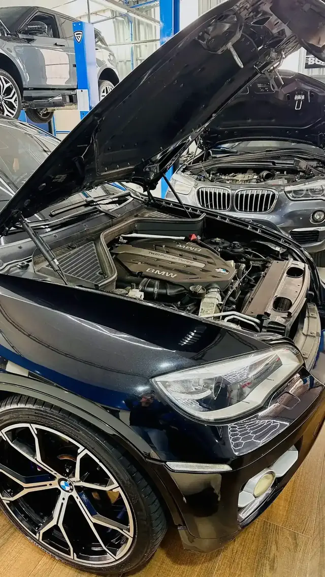 Detalhe macro de motor com emblema BMW